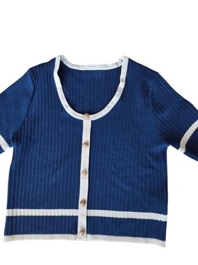 Knit Mix Navy Ribbed Short Sleeve Cardigan with White Trim SZ S